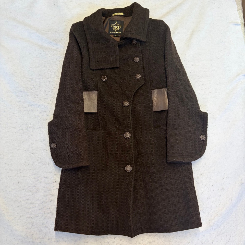Mackage Virgin Wool Blend Coat Womens M Brown Leather Trim Double Breasted